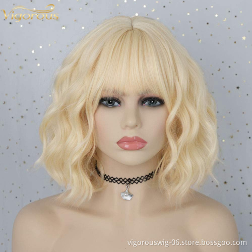 Short Blonde Wavy Bob Wig with Bangs for Women Girls Natural Looking Pastel Blonde Wigs Curly for Daily Cosplay Halloween